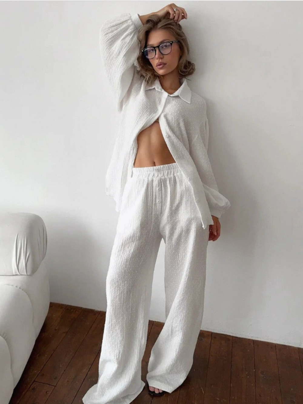 Zara Jacquard Lapel Long Sleeve Shirt High Waist Pants Loungewear 2 Piece Set